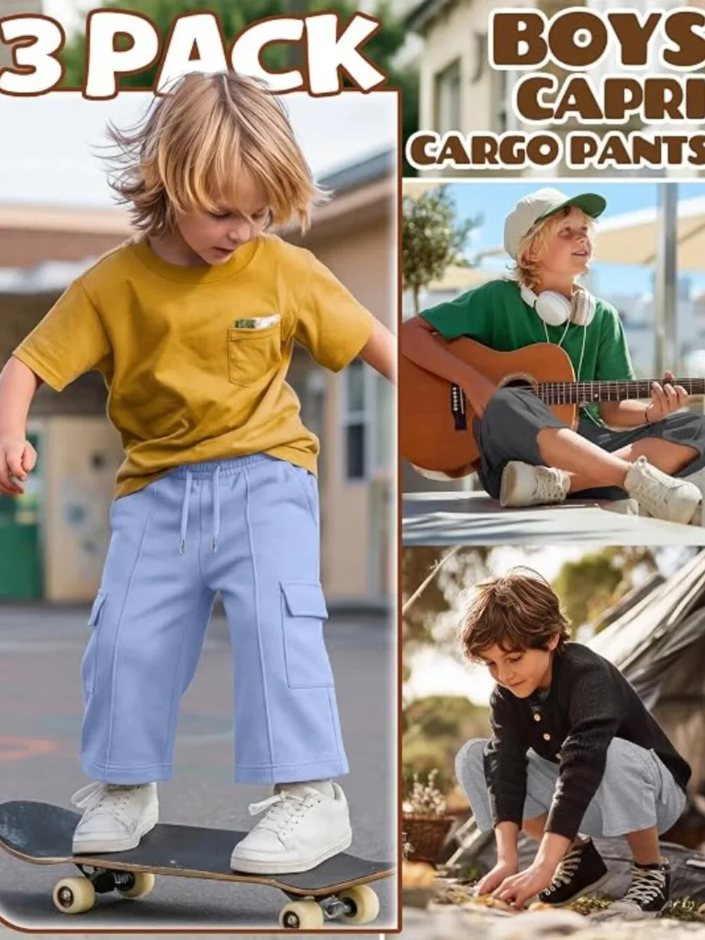 Boys Capri Cargo Pants Loose Fit Drawstring Elastic Waist Pull-On Joggers 3 Pack
